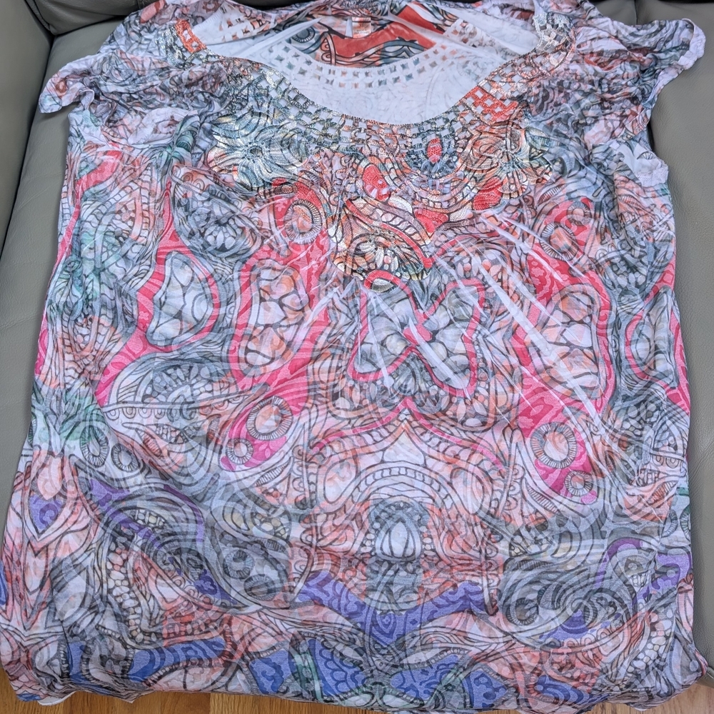 dressbarn Pink and Blue Graphic Blouse